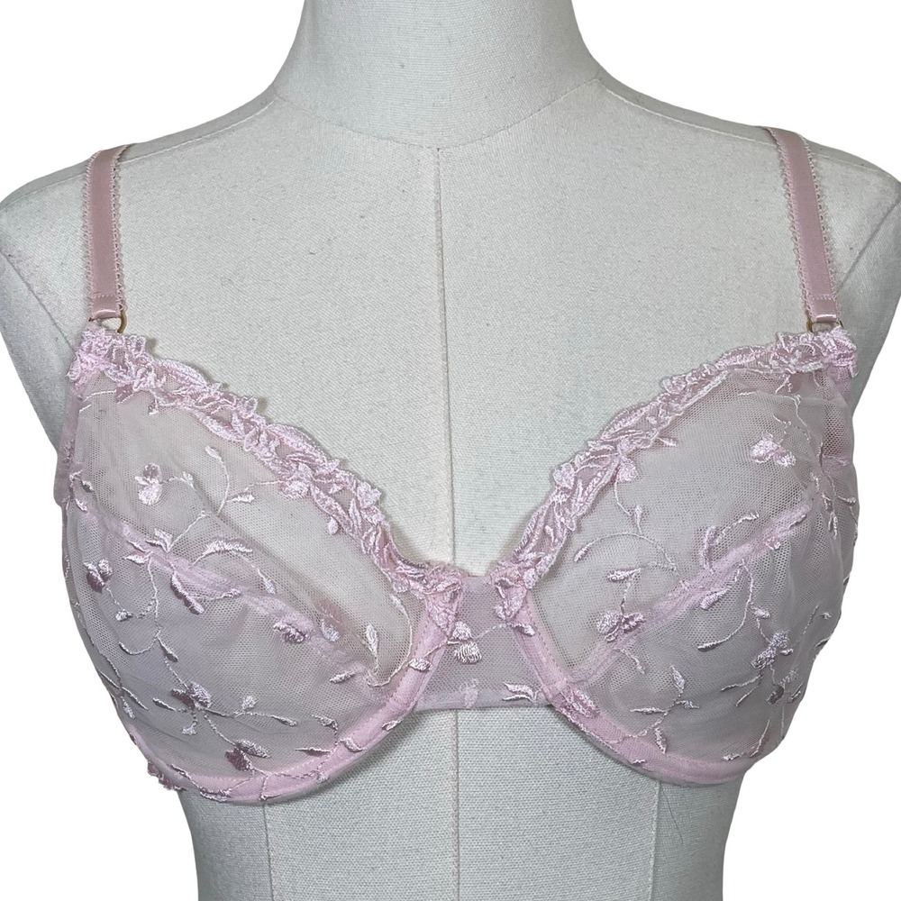 Vintage Secret Treasures Bra 36C Pink Floral Embroidered Sheer Mesh Unlined